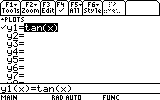 Graphing calculator equation entry screen with the function y1=tan⁡(x)y_1 = \tan(x)y1=tan(x) selected for plotting.
